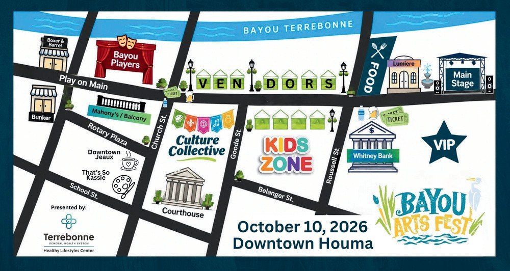 Official Bayou Arts Fest 2026 grounds map of Downtown Houma showing Main Stage, Bayou Players, Culture Collective, vendors, kids zone, and VIP